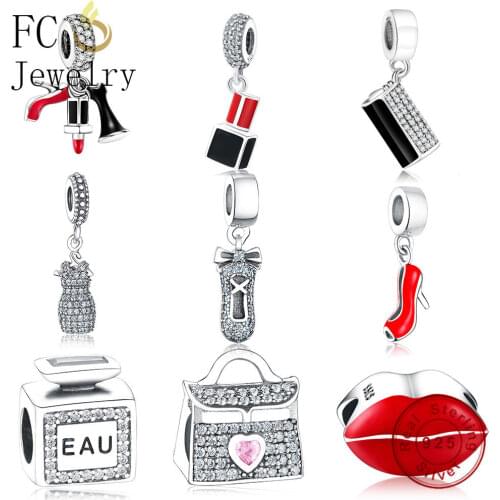 FC Jewelry Fit Original Brand Charms Bracelet 925 Sterling Silver Dress Lip Lipstick High Heels Bag Perfume Cup Berloque DIY