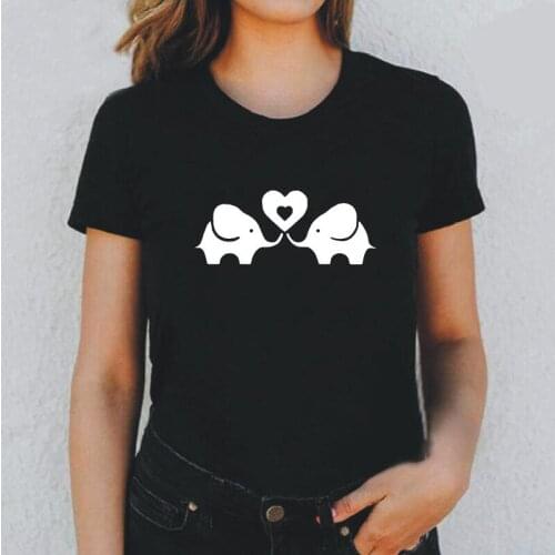 Cute Two Elephant Print Tee Shirt Femme Summer Short Sleeve Harajuku T Shirt Women Tops Cotton Casual Tshirt Camiseta Mujer