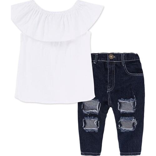 2Pcs Kids Baby Girls Summer Tracksuits Solid Color Off-Shoulder Tops + Ripped Long Jeans Suit Childrens Sets 1-7 Years