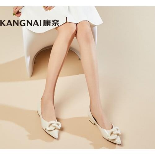 KANGNAI Women Flats Genuine Leather Casual Shallow Slip-On Chain Decoration Pointed Toe Loafers Comfortable Ladies Shoes