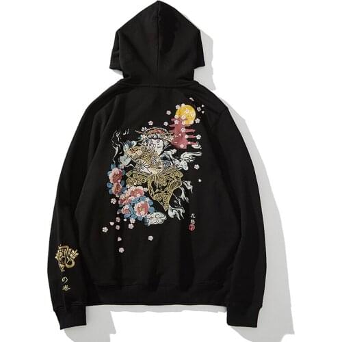 Makuluya Streetwear Embroidery Cotton Japan Style Sakura Geisha Fan Printed Pattern Fashion High Street Men Pullover Hoodies L