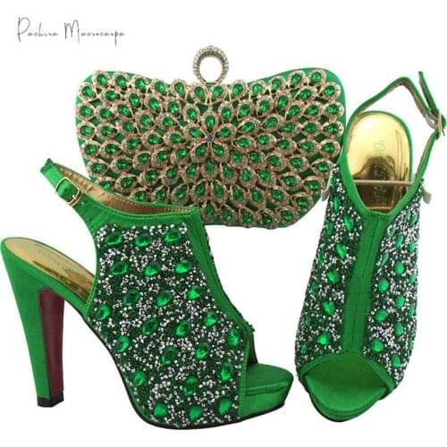 New Arrival Nigerian Fashion Special Crystal Style Italian Design Party Wedding Ladies Shoes and Bag Set in Green Color