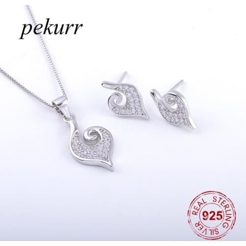 Pekurr 925 Sterling Silver Zircon Shell Flower Petal Earrings Necklace Sets For Women Flame Oval Pendants Jewelry Sets