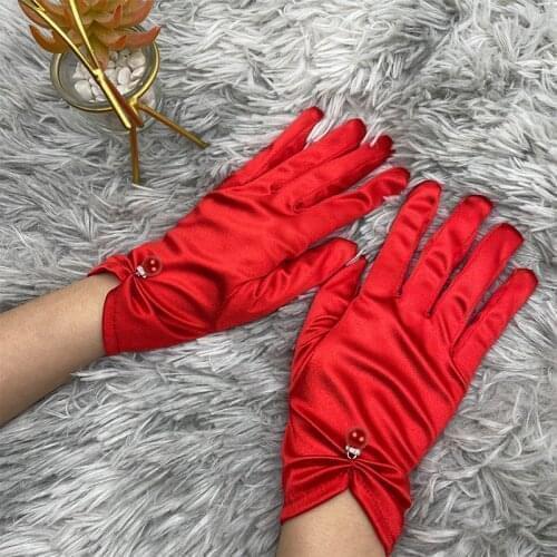 1Pair Girl Lady Satin Short Finger Wrist Gloves Smooth Evening Party Formal Prom Costume Stretch Gloves Red Etiquette Gloves