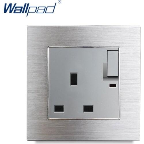 Silver Switched UK 13A Socket Outlet With LED Indicator Wallpad Aluminium Satin Metal Panel British Wall Power Outlet 220V