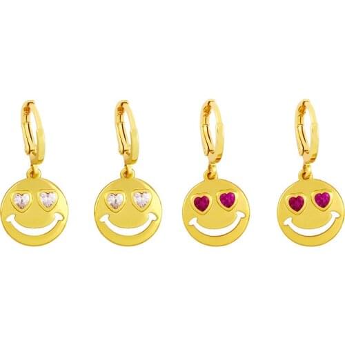 Happy Smiley Face Round Pendant Earrings Trendy Simple CZ Cubic Zirconia Hoop Earring For Women Girl Summer Jewelry Gift