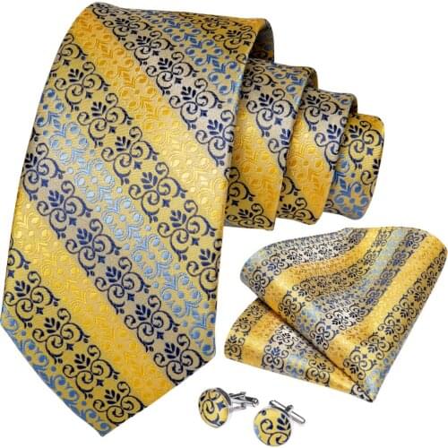 Silk Men Tie Yellow Blue Striped Wedding Tie for Men Handky cufflink Tie Set DiBanGu Designer Party Business Fashion SJT-7342