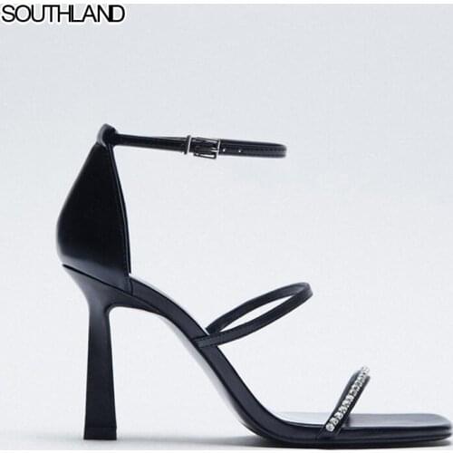 SOUTHLAND 2021 ZA Women Sandals Crystal One Stap In Font Square Toe Back Cover Heels 9CM Thin Heels Shoes Women