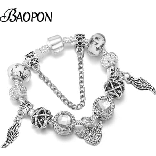 2021 Trend Silver Color Feather Pendant Bracelet With Crystal Flower Beads European Style Charm Bracelet For Women Jewelry Gift