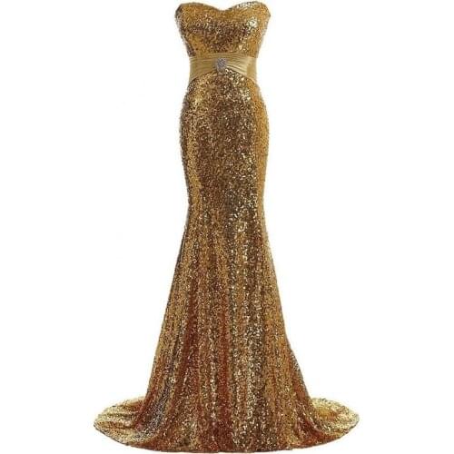 Shining Sequined Gold Evening Gowns Strapless Mermaid Prom Dresses Long Robe De Soirée