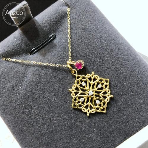 Aazuo 18K Yellow Gold Real Diamond Natural Ruby Blue Sapphire Round Flower Pendent Necklace gifted for Women Chain 18 Inch Au750