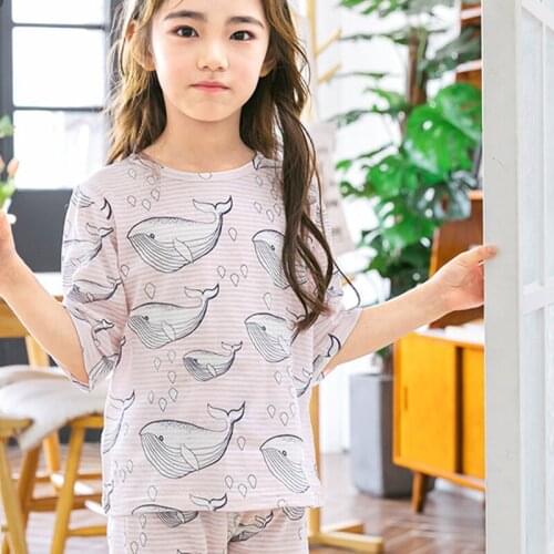 Children cotton boys girls short sleeve shorts white summer home round neck cartoon printed pajamas on sale 61003