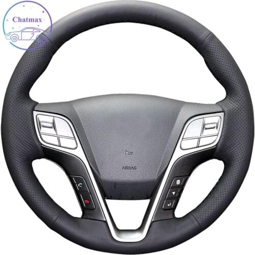 DIY For Hyundai SantaFe SUV 2013 2014 2015 2016 2017 2018 Hand Stitch Car Steering Wheel Cover Black Genuine Leather Wrap