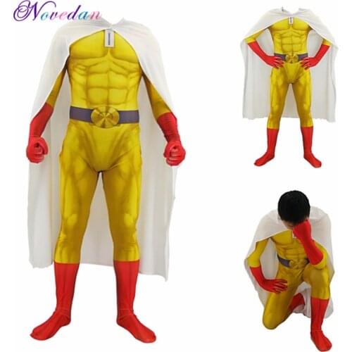 Men Boy Anime ONE PUNCH MAN Cosplay Costume Super Hero Oppai Saitama Cosplay Bodysuit Halloween Jumpsuit Outfit With Cloak/Cape