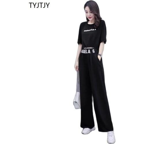 2021 Summer Womens New Fashion loose and thin short sleeve suit casual wide-leg pants two piece Female