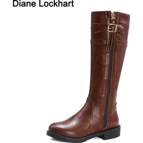 Fashion Round Toe Women Flat Boots Riding Motorcycle Boots Low Heel Knee High Boots Buckle Zipper Female Boots Winter Warm Botas