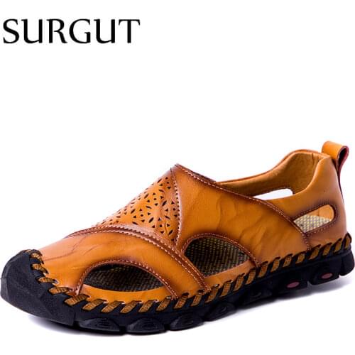 SURGUT Big Size 48 Men Genuine Leather Sandals Summer Classic Men Shoes Slippers Sandals Men Roman Comfortable Walking Footwear