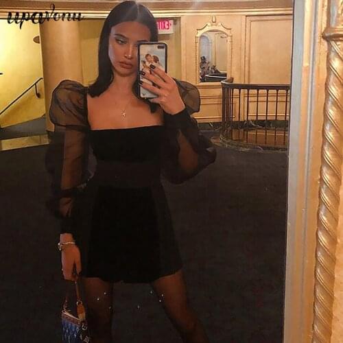 Free Shipping 2021 New Women Black Bandage Dress Sexy Square Neck Tulle Bubble Long Sleeve Bodycon Mini Club Party Dress Vestido