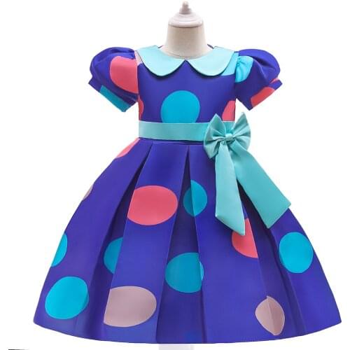Blue Summer Princess Girl Puff Sleeve Dot Bow Pageant Party Ball Gown Holiday Communion Dress Infant Children Costumes 3-10 Year