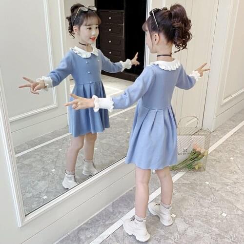 Dresses For Girls 2021 New College Style Girls Knitted Dress Baby Children Clothing Long Sleeve Clothes Vestidos 3-12 Years Old