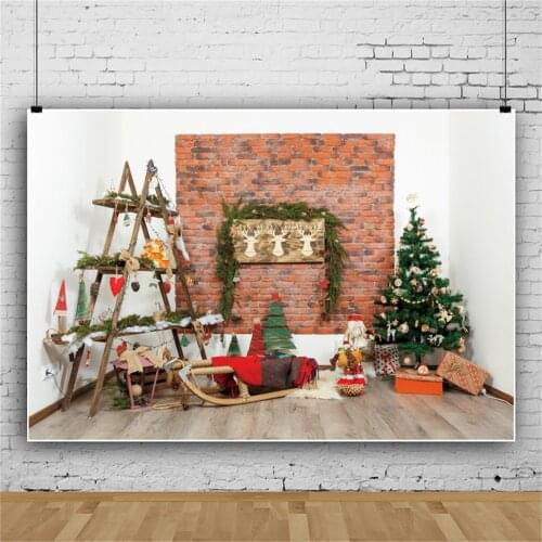 Christmas Backdrops For Photography Brick Wall Wood Shelf Sledge Tree Wreath Gift Floor Child Baby Photozone Photo Backgrounds