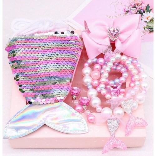 Mermaid Bag Girls Dress Up Kids Toy Princess Necklace Bracelet Earring Sequin Bag Children Birthday Party Halloween Gift