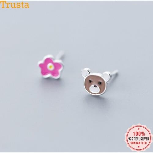 Trustdavis 100% 925 Sterling Silver Earring Asymmetric Glaze Pink Flower Bear Stud Earrings For Women Silver 925 Jewelry DA431