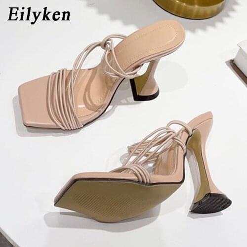 Eilyken Narrow Band Women slippers Mule high heels Slippers Sandals flip flops Square toe Slides Party shoes Woman