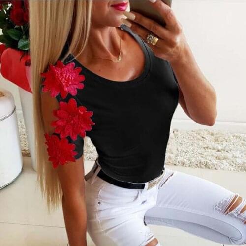Women T-Shirts Fashion Summer Appliques Hollow Out Short Sleeve Round Neck Solid Color Female Tops Casual Bodycon Black T-Shirts