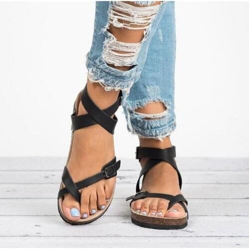 Women Roman Flat Gladiator Sandals TGHDOF Strap Ankle Buckle Leather Cork Beach Sandals Black Gold Brown Plus Size43 2021