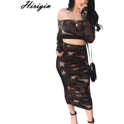 Women Camouflage Tight Sports Set Sexy Off-shoulder High Waist Outfits Long Sleeve Trouser Suit