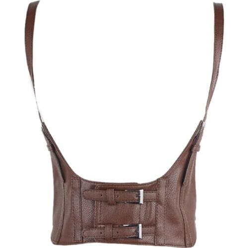 Women Faux Leather Underbust Corset Crop Top Adjustable Double Buckle Cincher 066F