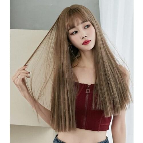 Wig Female Long Hair Full Headgear Black Long Straight Hair Natural Air Bangs Whole Top Hair Realistic Wig