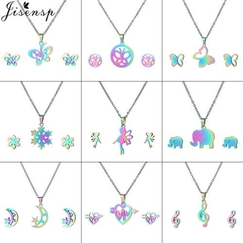 Bijoux Femme 2021 Stainless Steel Necklaces for Women Rainbow Color Snowflake Jewelry Sets Simple Butterfly Star Moon Earrings