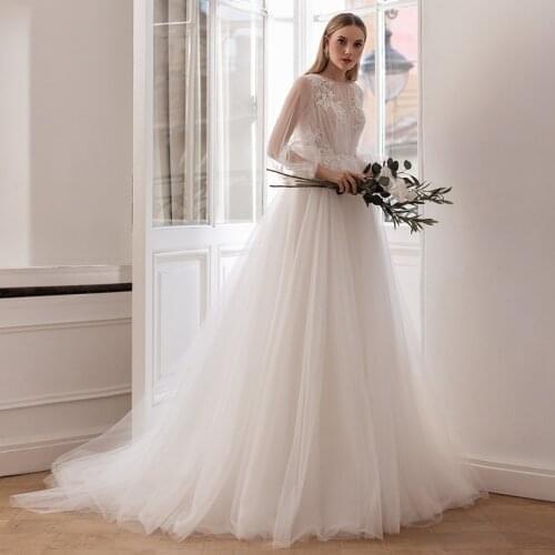 Elegant Tulle Wedding Dress 2021 Higi Quality Sweep Train O NeckAppliques A-line Long Sleeve Bridal Gowns