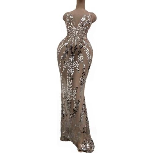 Fashion Women Party Celebration Mesh See Through Evening Gown Sexy Prom Perspective Sequin Long Dress Singer Trailing Dress
