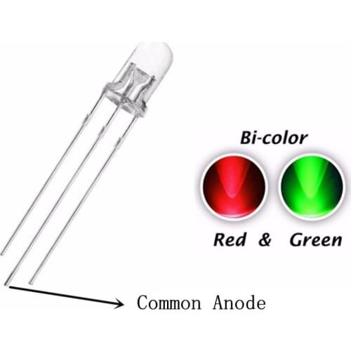 100pcs 5mm Dual Color Red Green LED Common Anode DIP Ultra Bright Transparent Round Head Bi-Color Water Clear Lamp Light Beads