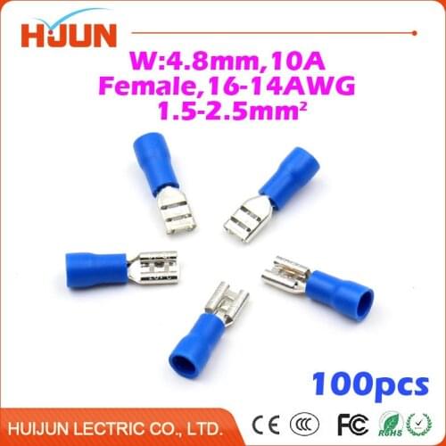 100pcs/lot 4.8 plug Blue Female Quick Disconnect Cable Wire Splice Insulation Terminal Connector 16-14AWG 1.5-2.5mm2 FDD2-187