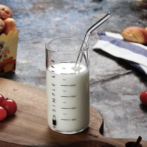 300ML Thick High Temperature Resistant Glass Scale Cup Baking Microwave Oven Straight Measuring Cup with Glass Straw Milk Cup