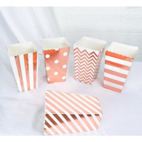 6/12pcs Paper Popcorn Box Rose Gold Stripe Dot Snack Boxes Candy Bags Gift Kids Favor Birthday Wedding Christmas Party Supplies
