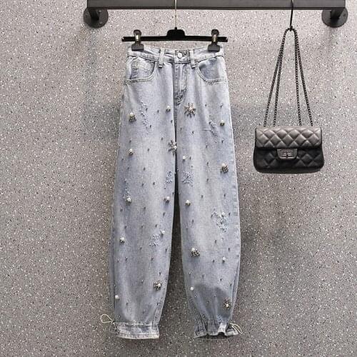 Spring Autumn New Jeans Womens Cotton High-waist Denim Pants Girl Fashion Personality Beaded Jeans Large Size 4XL