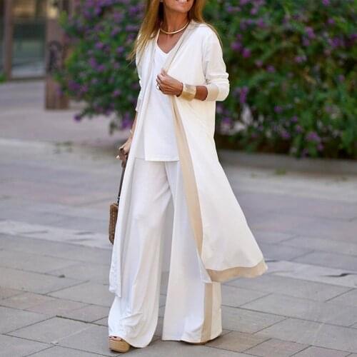 Elegant Long Cardigan + Sling Tops + Wide Leg Pants Suits Summer Women Fashion Three-Piece Sets Autumn Lady Casual Loose Outfits