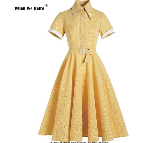 Hepburn Style Retro British Small Daisy Short Sleeve Large Swing Summer Dress VD1999 50s 60s Women Yellow Plaid Dresses