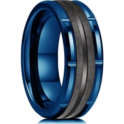 Classic Mens 8mm Double Groove Beveled Edge Blue Tungsten Wedding Rings Brick Pattern Brushed Black Carbon Fibre Ring For Men