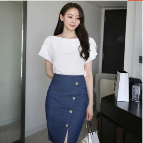 2 piece sets womens outfits summer new fashion white chiffon collar shirt + denim bag hip pencil skirt temperament 0L suit