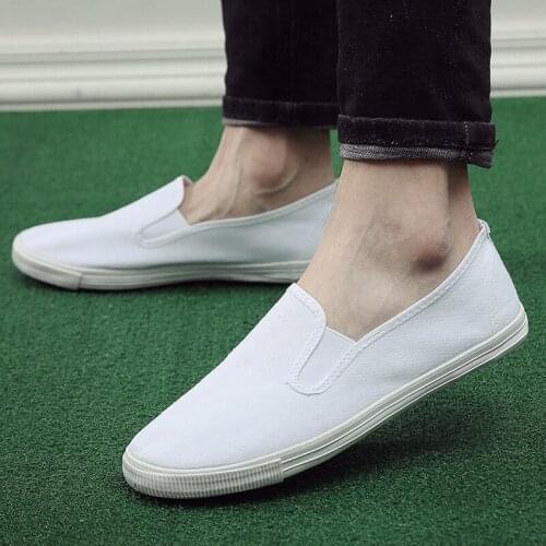 Elastic band set foot white canvas mens cloth casual shoes dance shoes flat sole soft bottom work shoes comfortable shoefq