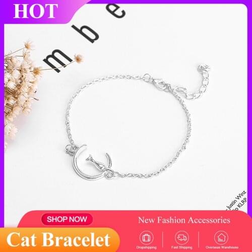 Creative Fashion New Jewelry Cute Crescent Cat Bracelet Chic Heart Trendy Moon Fine Chain Bracelet Cuff Jewelry Party Gift Lady