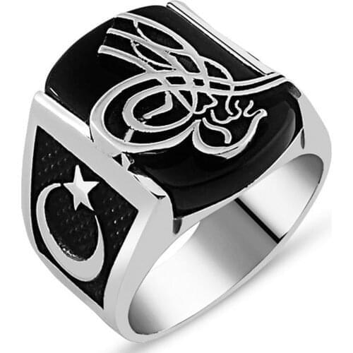 Solid 925 Sterling Silver Ottoman Sultan Tughra Signature Onyx Stone Mens Ring