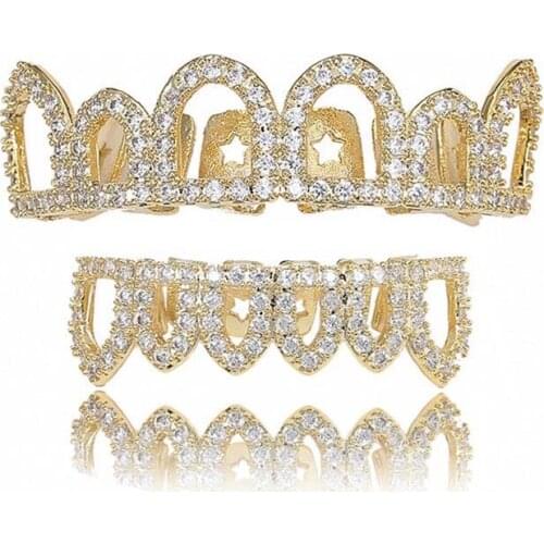 Hollow Out Teeth Grillz AAA Zircon Top & Bottom Tooth Set For Men Women Halloween Gift Fashion Grillz Hip Hop Jewelry