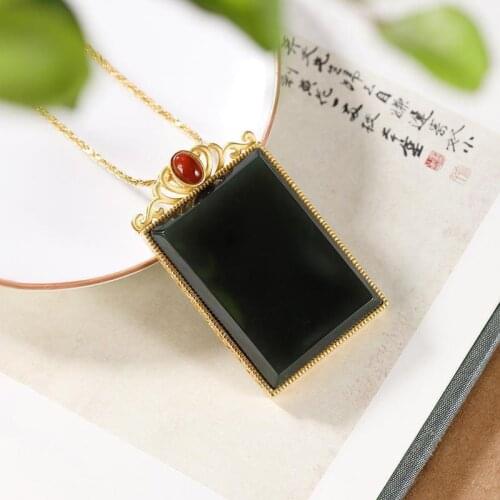 Independent design new natural Hetian jade green square necklace pendant trend retro light luxury ladies silver jewelry